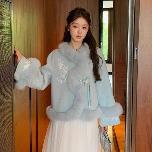 中式国风绣花短款双面羊毛大衣女