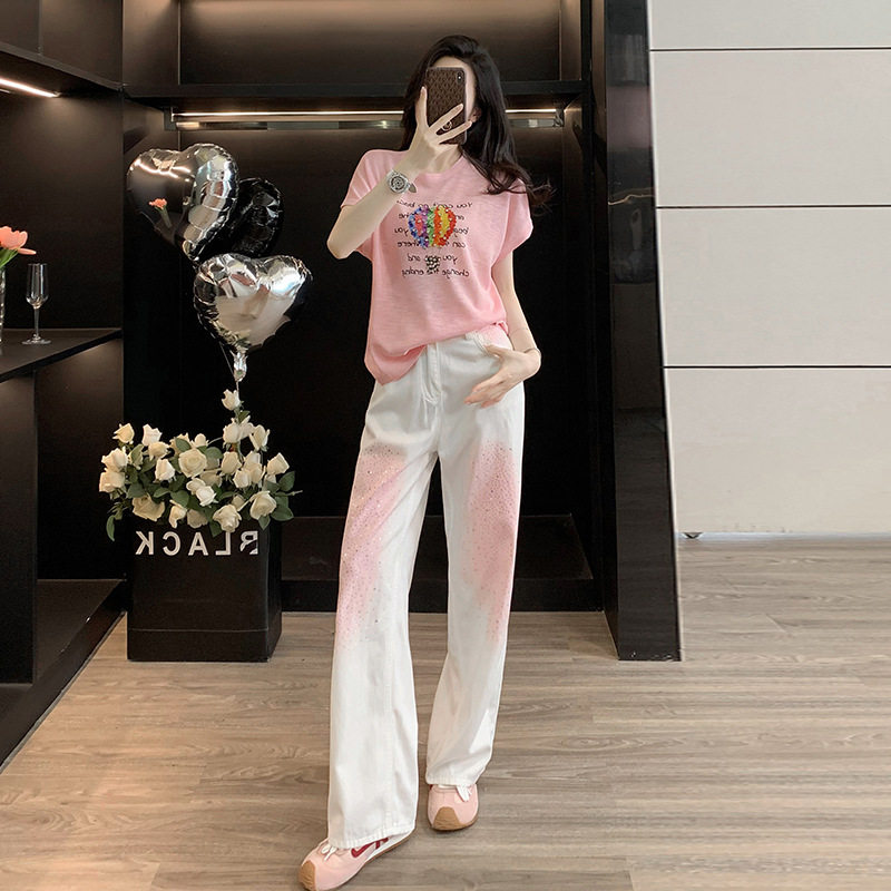 短袖针织上衣阔腿牛仔裤两件套