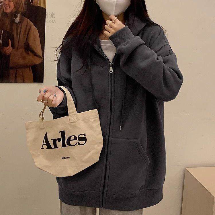 秋冬灰色连帽卫衣外套女2026百搭拉链开衫加绒韩系慵懒风休闲潮牌