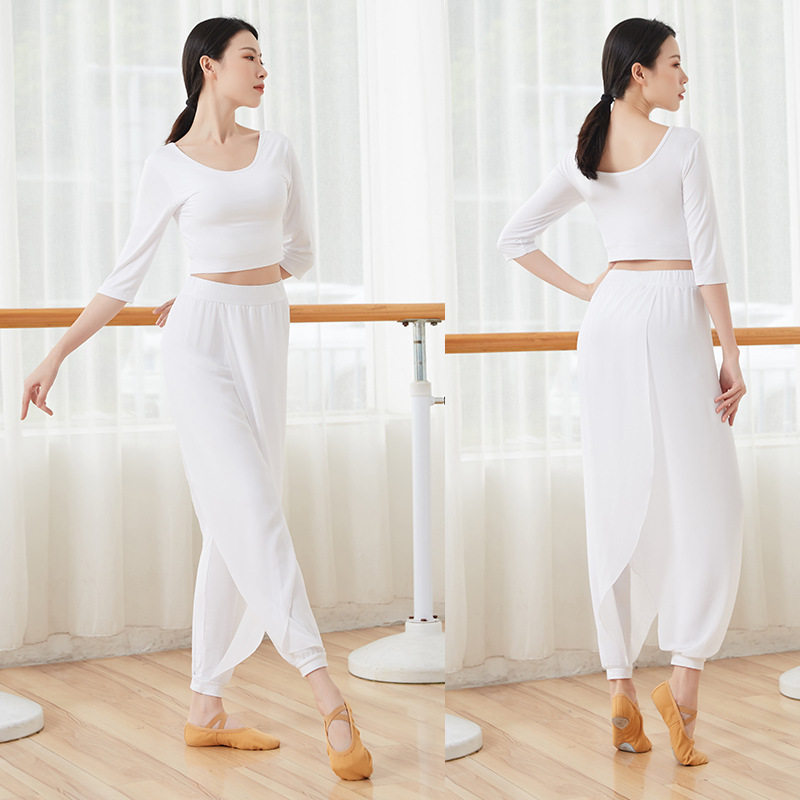 宽松网纱舞韵瑜伽服女白套装｜