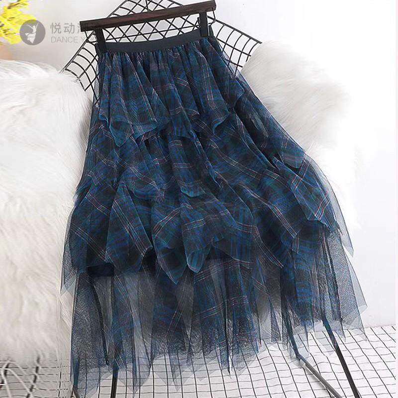 不规则格子网纱裙女装大码中长款高腰A字蓬蓬蛋糕仙女纱裙半身裙