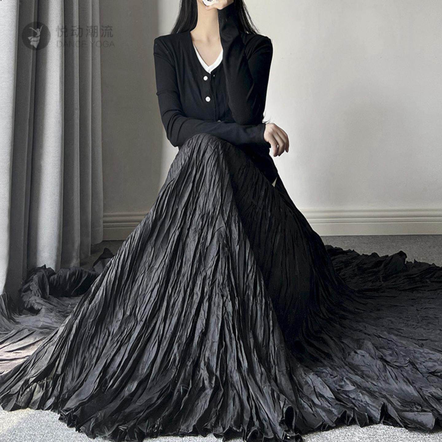 褶皱气质高腰百搭显瘦半身长裙女720度大摆裙90m超长款拖地长裙