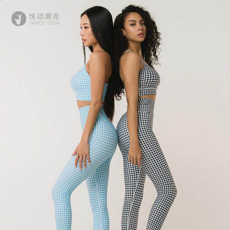格子印花瑜伽服套装秋冬舒适运动女速干紧身露腰美背健身服