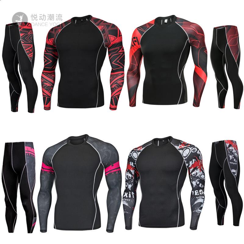 健身紧身衣套装肌腱男士运动印花长袖长裤篮球弹力跑步户外服套装