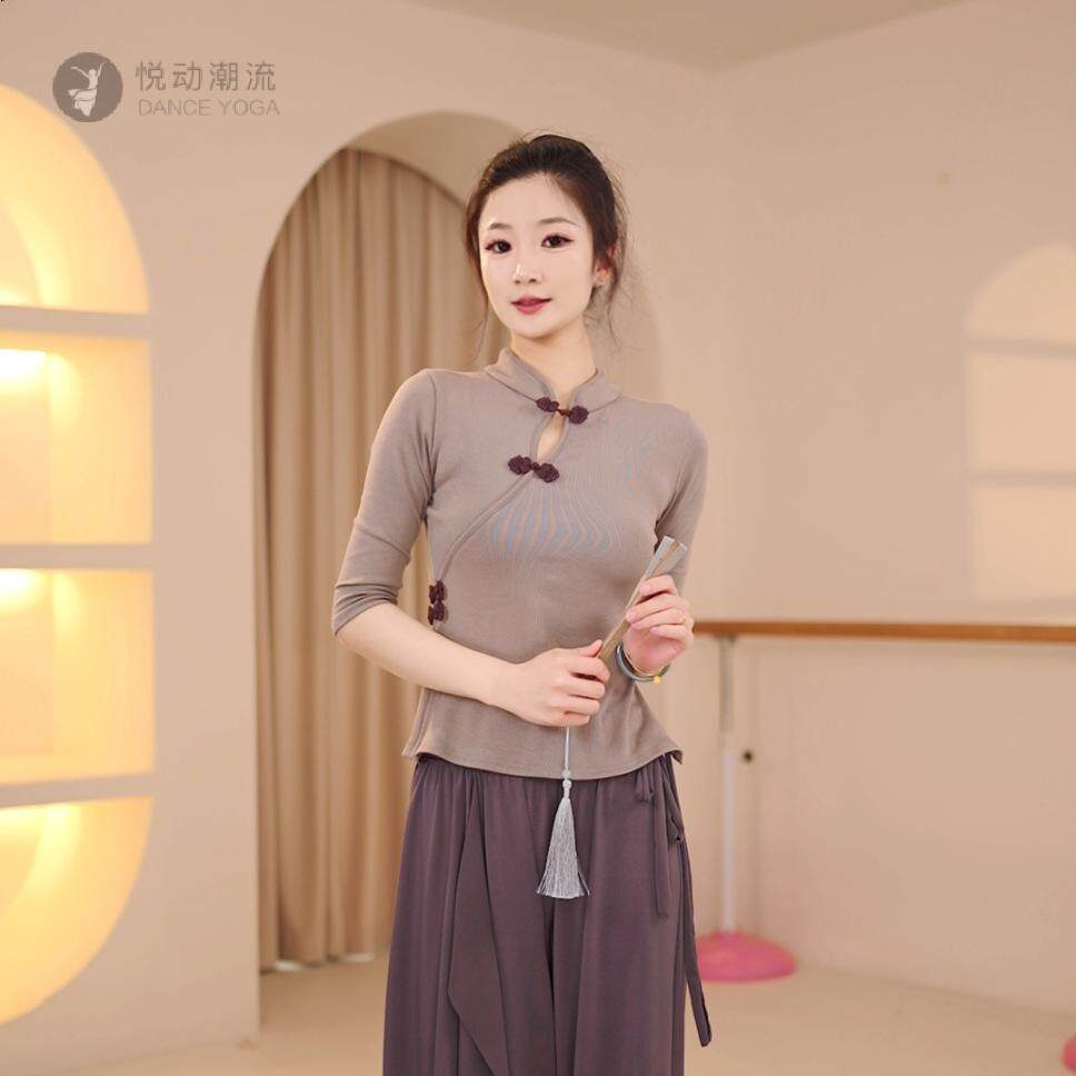 古典舞蹈服上衣女夏盘扣旗袍领显瘦修身形体服中国舞蹈服练功服棉