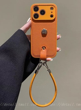 高级橙色皮质山茶花适用iphone17promax手机壳苹果13手绳12保护套17pro简约11新款16promax全包防摔15pro女14