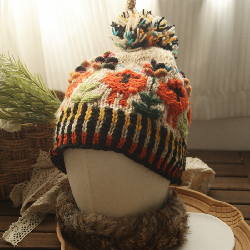 尼泊尔进口纯羊毛100%wool加绒衬里保暖毛线帽可爱毛球北欧风帽子