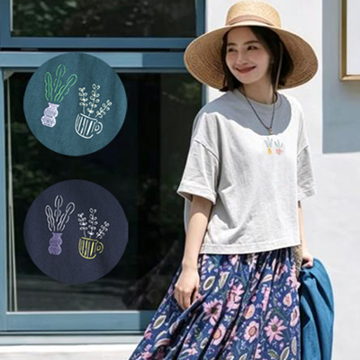 外贸日d多余可爱植物印花全棉短袖T恤 夏季全棉舒适宽松上衣女装