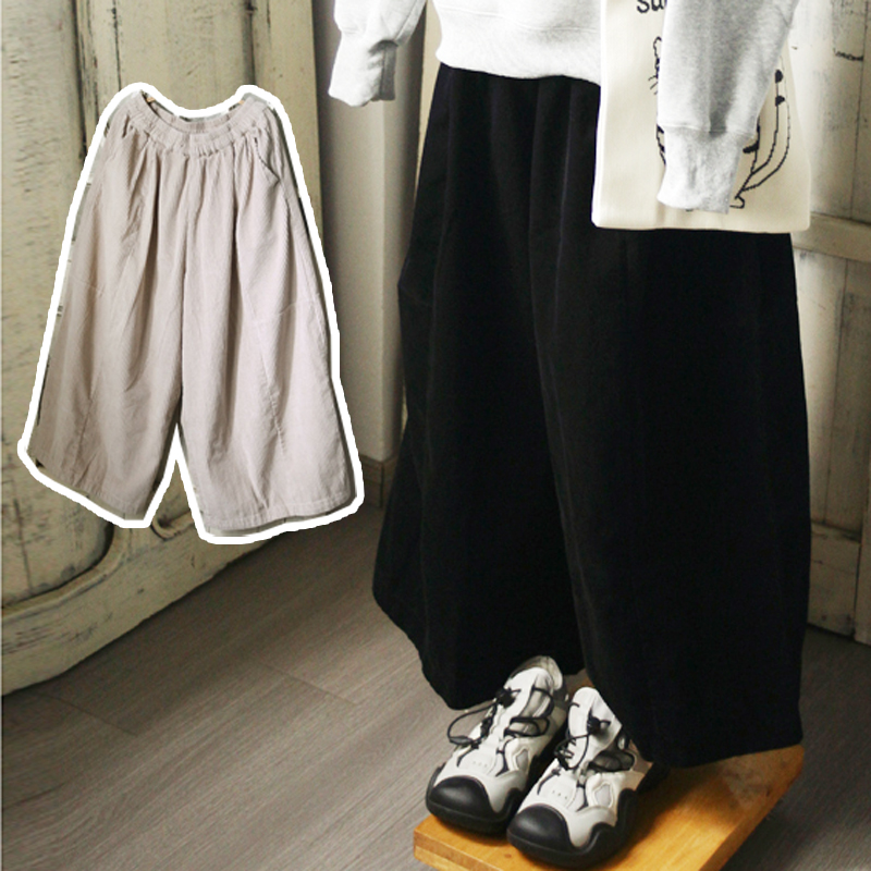 日系外贸多余全棉粗条灯芯绒大码宽松松紧腰气球裤立裁茧型长裤女
