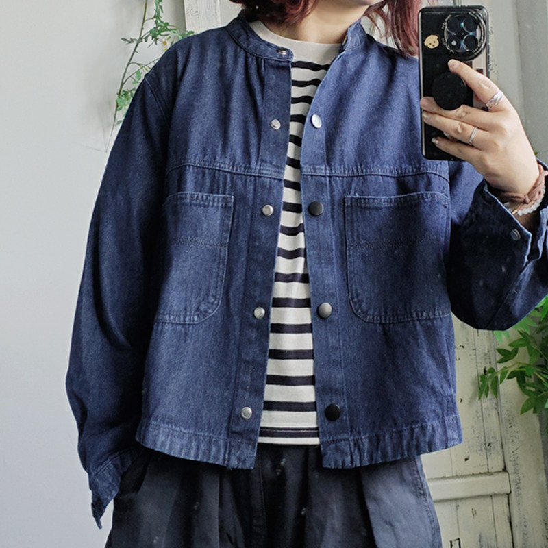 日系休闲大口袋oversize宽松复古休闲牛仔衣小立领全棉水洗外套女