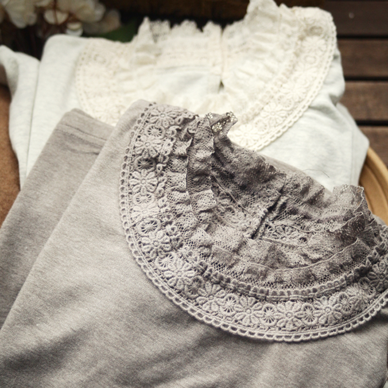 日系美貌蕾丝花边半高领棉质T恤 舒适亲肤打底衫高弹百搭上衣女装