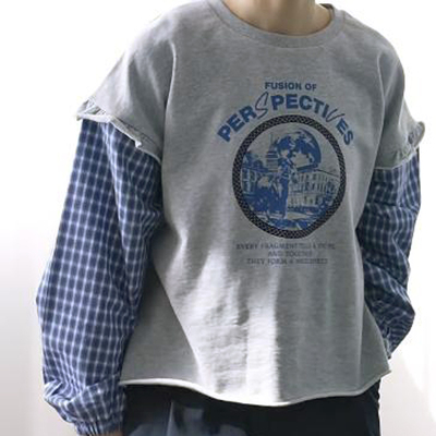 日本外贸妮寇家假两件格子衬衫拼接字母印花卫衣 圆领套头上衣女