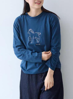 新年小马刺绣 日单bulla少量宽松全棉圆领长袖T恤 舒适打底衫女装