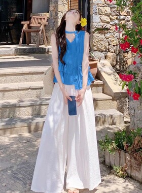 法式蓝色V领吊带背心女夏季新款海边度假绝美荷叶边拼接无袖上衣