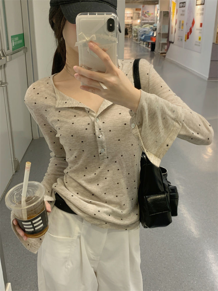 波点长袖修身T恤女慵懒百搭上衣