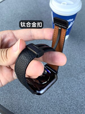 卡客 真皮荔枝纹适用苹果手表iwatch表带s987钛合金磁吸扣Ultra男