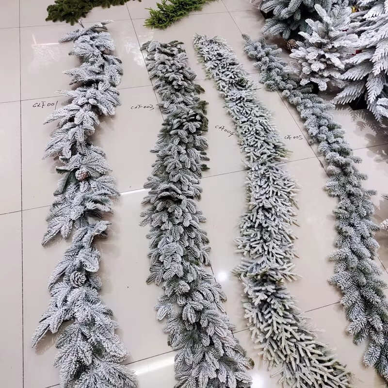 植绒2.7米加密PE叶圣诞藤条门藤圣诞花环壁挂白色植绒雪花藤条
