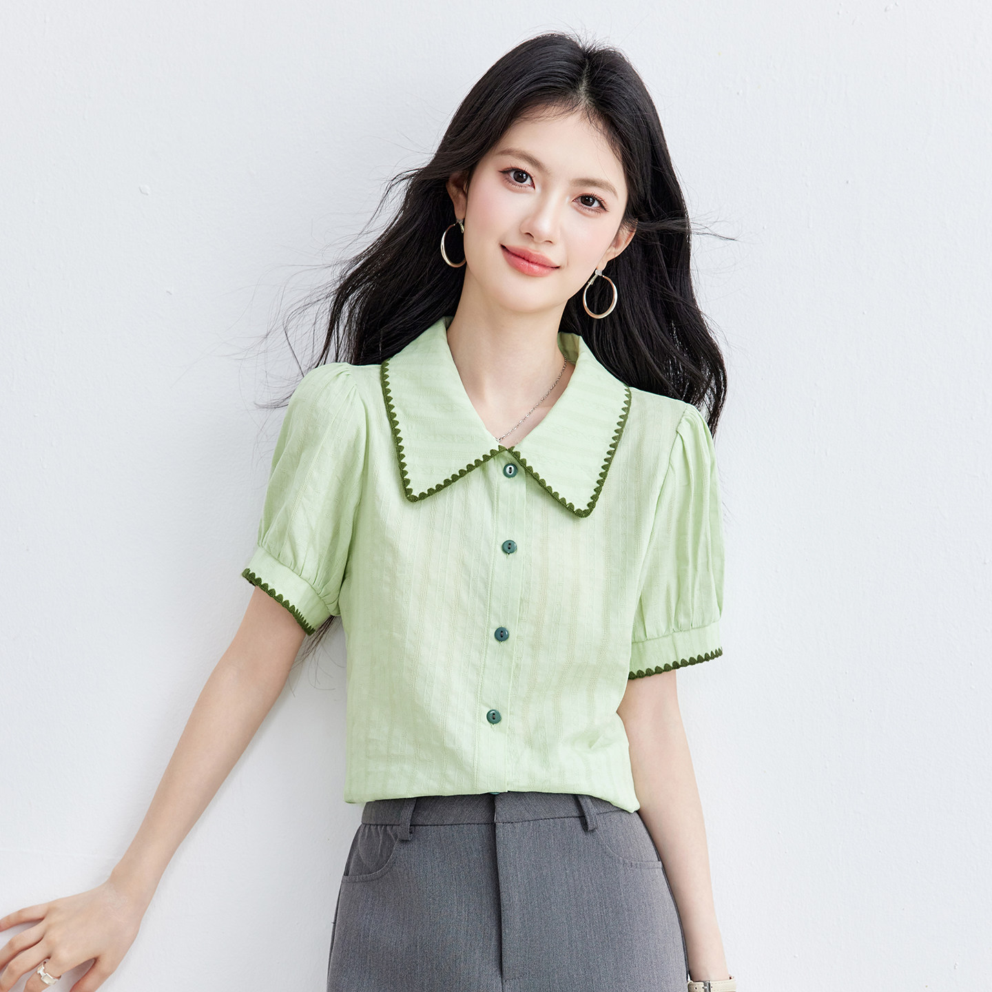 熙世【浅夏清欢】法式娃娃领短袖衬衫甜美休闲宽松2026夏季新款