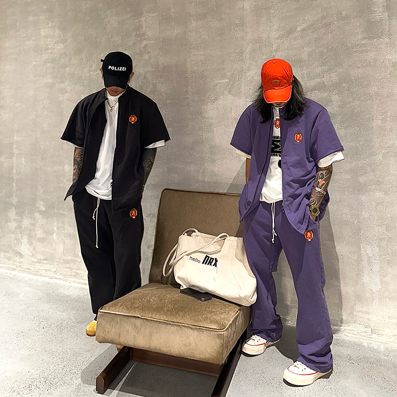 白鹤大大原创休闲运动男士套装圆领开衫刺绣上衣宽松情侣百搭裤子
