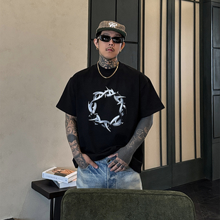 白鶴大人 男女t恤時(shí)尚 情侶半袖 重磅360g純棉荊棘刀片印花黑色短袖