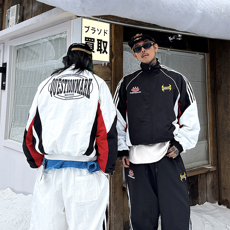 白鹤大人立领三条杠拼接冲锋衣外套情侣夏季字母刺绣撞色飞行夹克