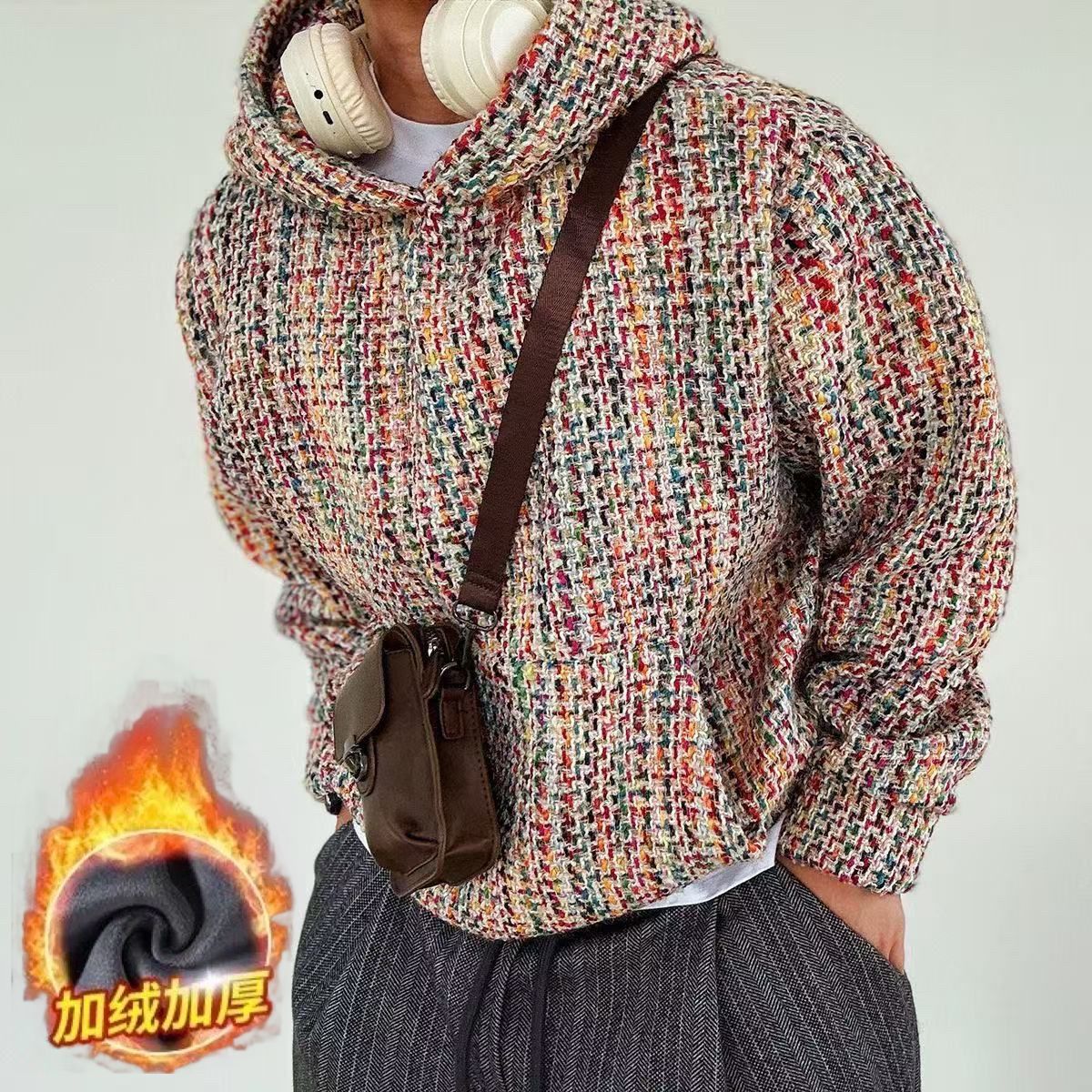 秋冬新款男士小香风印花重磅连帽卫衣潮流时尚百搭宽松情侣款上衣