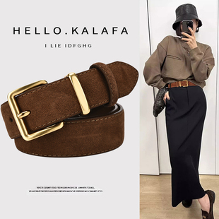 带 配牛仔裤 真皮女士皮带2025新款 绒面复古欧美风棕色宽腰带男女款