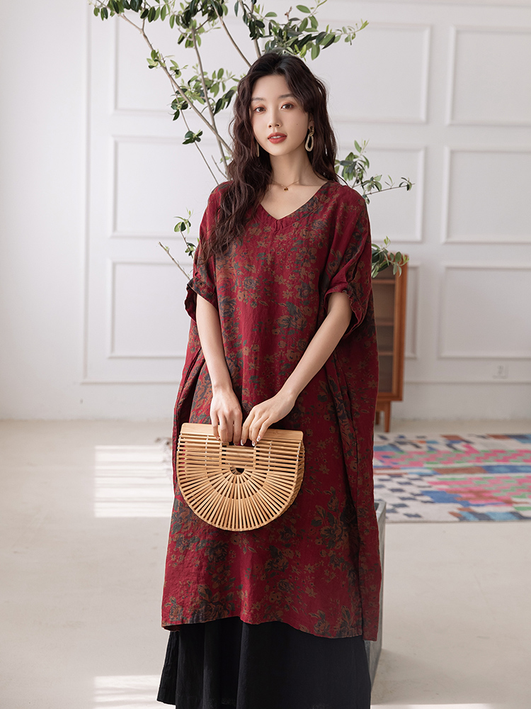 民族风亚麻短袖连衣裙套头印花旧红色宽松袍子V领中长大花开叉裙