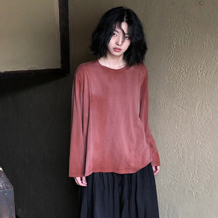 古兰木休闲女士做旧长袖宽松t恤拼接圆领百搭上衣文艺简约打底衫