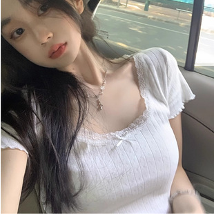 T恤上衣 白色纯欲甜美蕾丝修身 显瘦打底女夏季 木耳边正肩短款 短袖