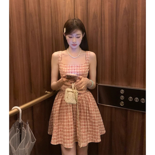 原版 收腰显瘦俏皮少女格纹吊带连衣裙女 面料 纯欲风甜美短裙夏季
