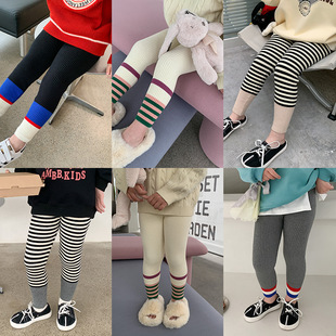 女童银狐绒修身针织打底裤2026冬季宝宝时尚条纹撞色加绒毛线裤子