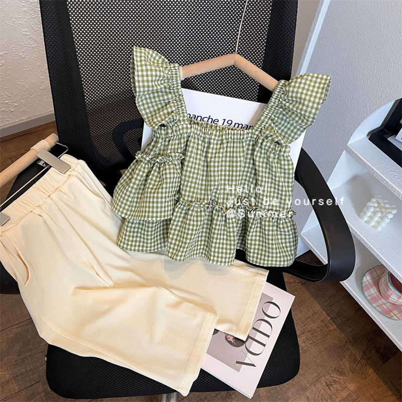 女童荷叶边格子套装2024夏季新款女宝宝吊带背心阔腿裤休闲两件套