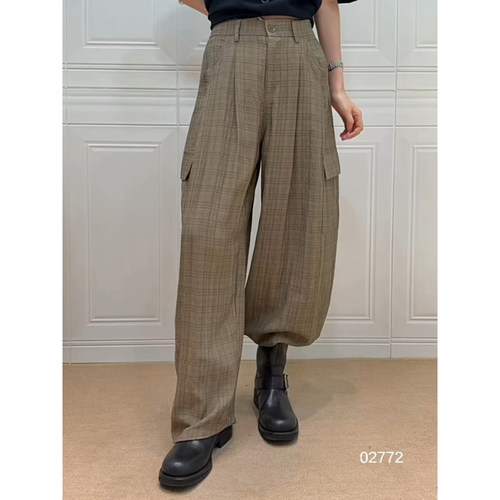 韩版松紧格子工装休闲裤女秋新