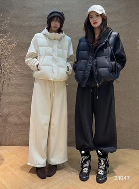 韩奈韩国女装东大门2026冬季连帽拼接羽绒服抽绳卫裤套装1168