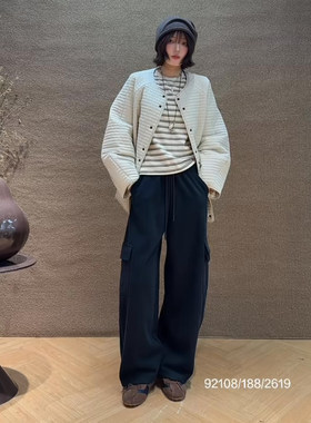 中长款压线条纹宽松棉服外套