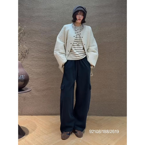 中长款压线条纹宽松棉服外套