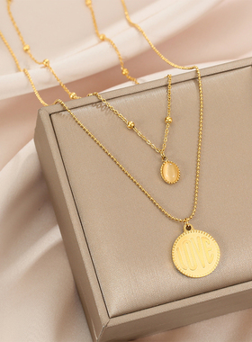 钛钢简约百搭冷淡风双层字母猫眼石毛衣链简约长款项链【86126】