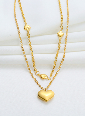 超仙甜美爱心吊坠钛钢项链女气质双层时尚颈链简约锁骨链【8391】