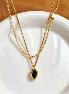 不锈钢欧美Vintage复古法式椭圆黑色项链百搭锁骨镀18K轻奢配饰品