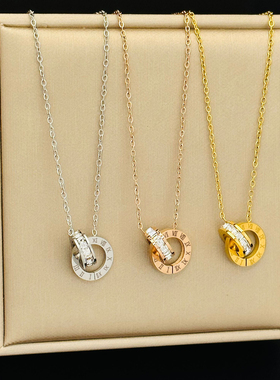 实惠环环相扣罗马数字满钻简约钛钢项链女锁骨链玫瑰金不掉色饰品