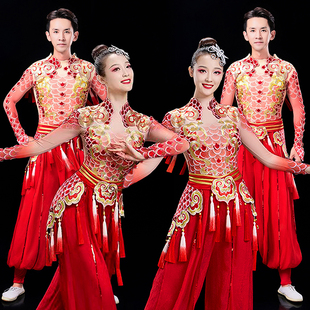 新款 女现代开场舞大摆裙舞蹈服威风锣鼓腰鼓表演服男 打鼓演出服装