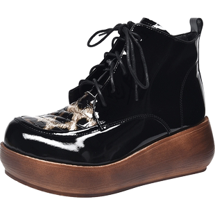 真皮加绒厚底马丁靴女2025秋冬新款松糕底英伦系带短靴鞋高跟女鞋