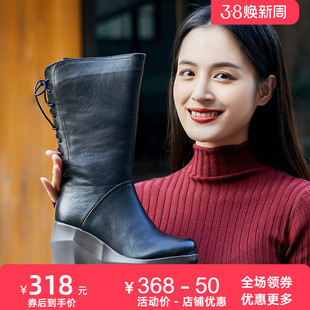 头层牛皮中筒靴秋冬新款高跟小众女加绒棉皮鞋女坡跟女靴子女鞋