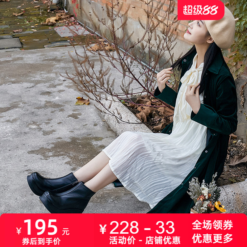 新款坡跟松糕底牛皮休闲圆头女靴
