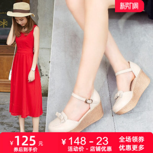 2026夏新款真皮凉鞋高跟坡跟包头中空圆头厚底休闲一字扣女鞋皮鞋