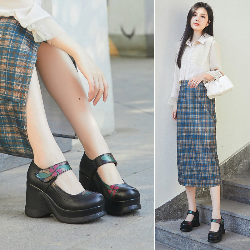 2026春秋新款真皮浅口单鞋厚底松糕鞋防水台小皮鞋民族风女鞋坡跟