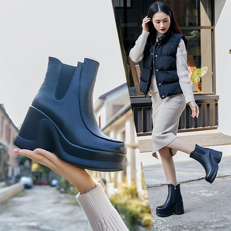 2026秋冬新款牛皮女靴潮厚底短靴松糕高跟保暖真皮棉鞋皮鞋马丁靴