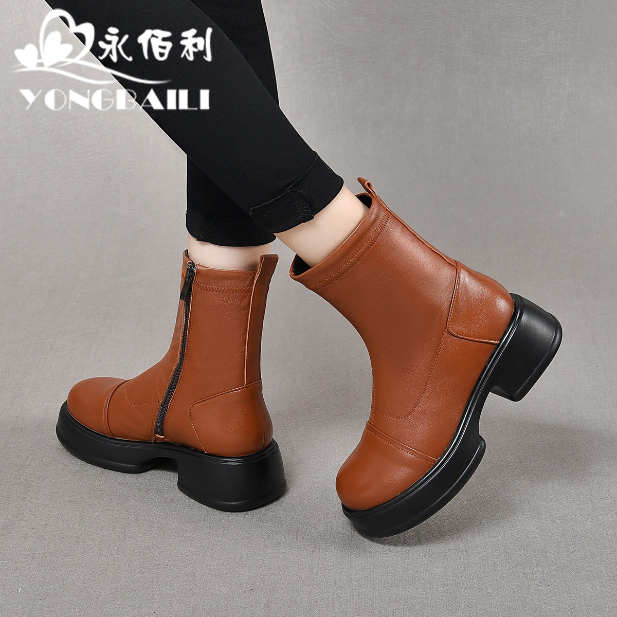 真皮复古厚底中筒粗跟高跟松糕短靴女2026冬新款防水台时装靴女靴