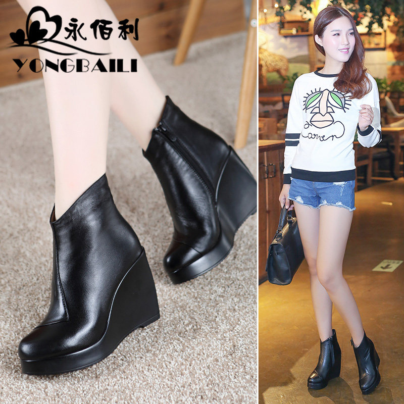 真皮高跟松糕短靴2026秋冬新款防水台厚底马丁靴防滑坡跟牛皮女鞋